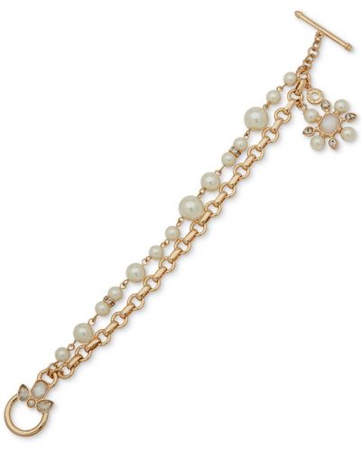 Anne Klein Gold-tone Crystal & Color Imitation Flower Charm Double-row Flex Bracelet - Metallic