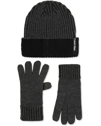 Calvin Klein Double-wide Ribbed Fisherman's Hat & Gloves Set - Black