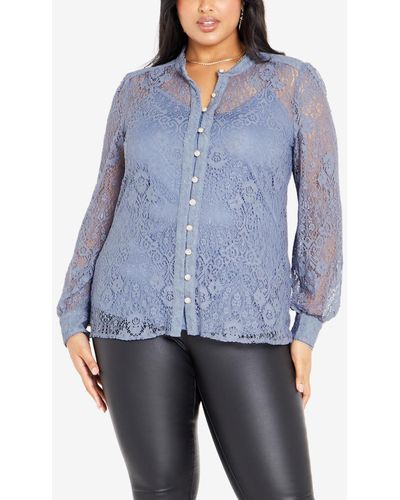 Avenue Plus Size Jade Lace Long Sleeve Shirt Top - Blue