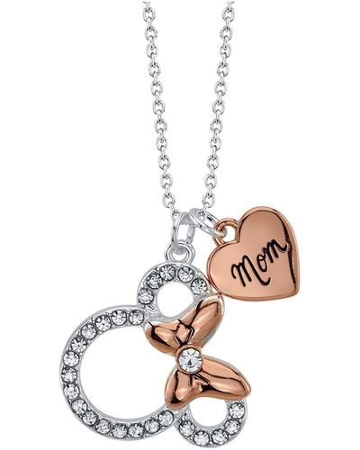 Disney Silver Plated Clear Crystal Minnie Mouse "mom'" Necklace - Pink
