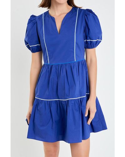 English Factory Piping Detailed Mini Dress - Blue