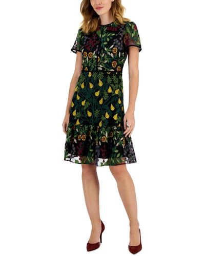 Tahari Embroidered Short-sleeve A-line Dress - Green