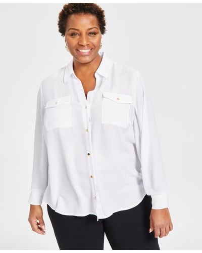 INC International Concepts Plus Size Collared Button Front Top - White