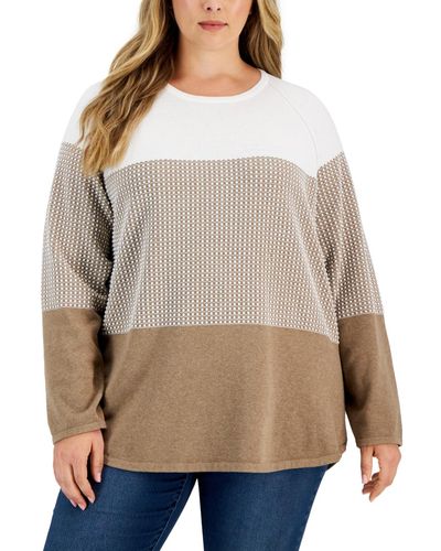 Karen Scott Plus Size Textured Colorblocked Cotton Sweater - Gray
