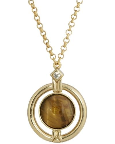 2028 Gold-tone Round Tiger Eye Semi Precious Stone Necklace - Brown