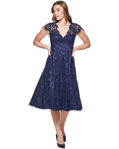 Eliza J V-neck Cap-sleeve Midi Lace Dress - Blue