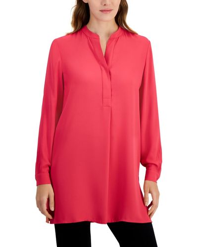 Anne Klein Solid Nehru Long-sleeve Tunic Top - Red