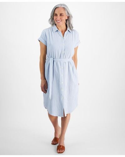 Style & Co. Petite Striped Cotton Camp Shirt Dress - Blue