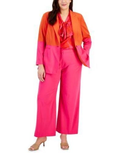 Tahari Plus Size Color Blocked Boyfriend Blazer Printed Blouse Wide Leg Pants - Pink