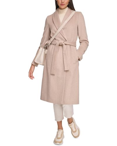 Calvin Klein Wool Blend Belted Wrap Coat - Natural