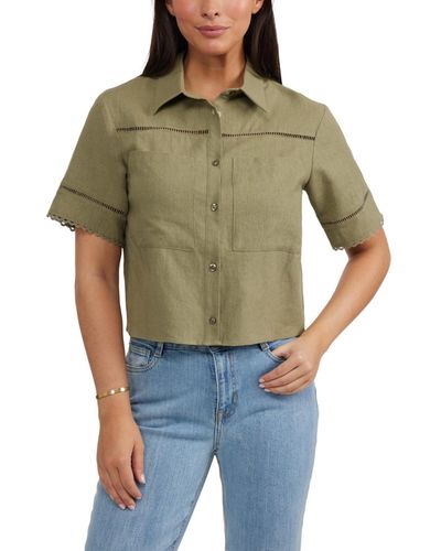 Ellen Tracy Linen Crop Camp Shirt - Green
