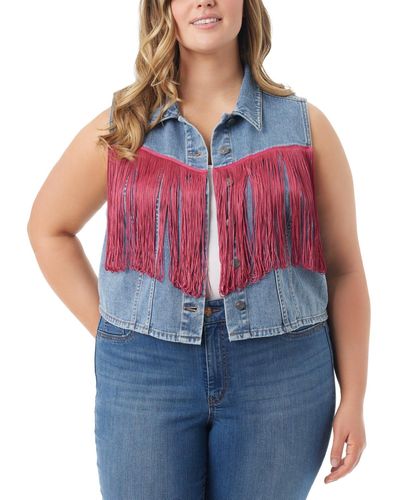 Jessica Simpson Trendy Plus Size Cropped Fringe Denim Vest - Red