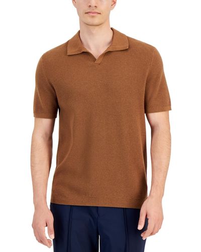Alfani Textured Waffle-knit Short Sleeve Open Collar Polo Sweater - Brown