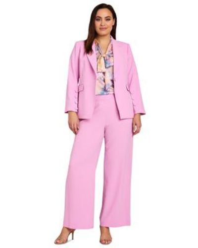Tahari Plus Size One Button Blazer Printed Bow Blouse Wide Leg Pants - Pink