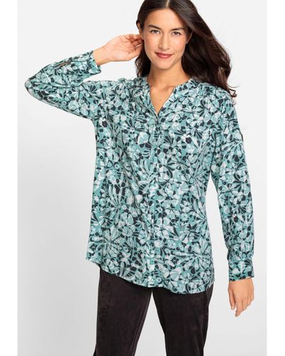 Olsen Long Sleeve Abstract Floral Tunic Blouse - Blue