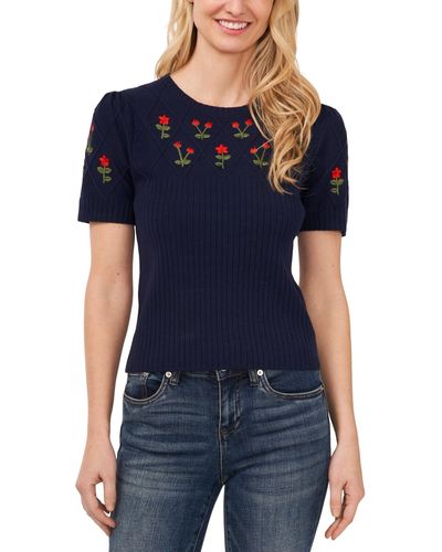 Cece Crewneck Flower Embroidered Short Sleeve Cotton Sweater - Blue