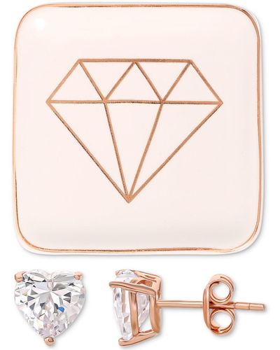 Giani Bernini Cubic Zirconia Heart Solitaire Stud Earrings In 18k Rose Gold-plated Sterling Silver & Ceramic Trinket Dish, Created For Macy's - Pink