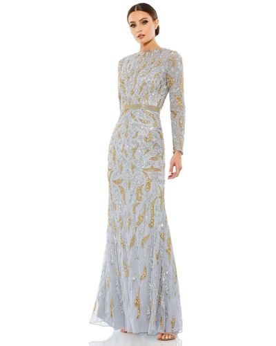 Mac Duggal Beaded Long Sleeve Evening Gown - White