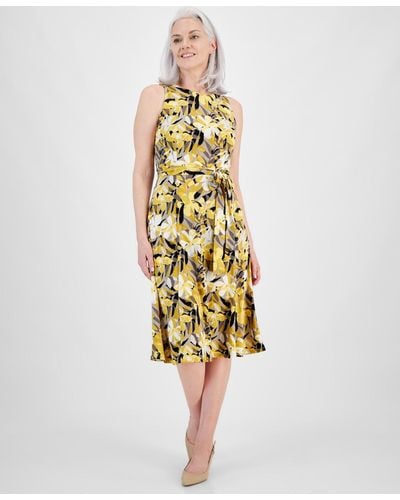 Kasper Floral-print Fit & Flare Dress - Yellow
