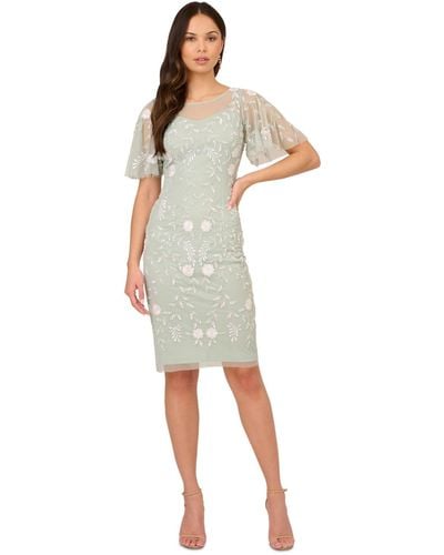 Adrianna Papell Embellished Flutter-sleeve Sheath Dress - White