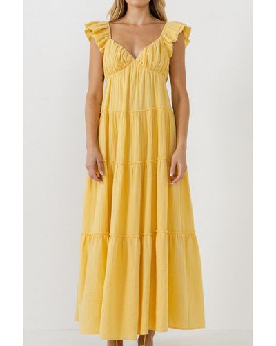 Free the Roses Maxi Sweetheart Dress With Raw Edge Details - Yellow