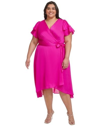 DKNY Plus Size Satin Ruffle-sleeve High-low Wrap Dress - Pink