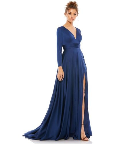 Mac Duggal Ieena Long Sleeve Ruched Waist A-line Gown - Blue