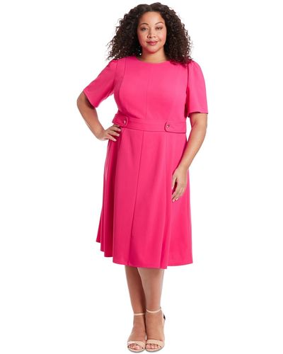 London Times Plus Size Fit & Flare Scuba Crepe Midi Dress - Pink