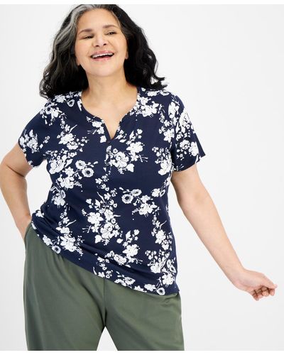 Style & Co. Plus Size Short-sleeve Henley Printed Top - Blue