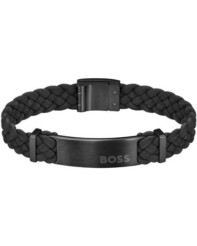 BOSS Dylan Ionic Plated Steel Leather Bracelet - Black