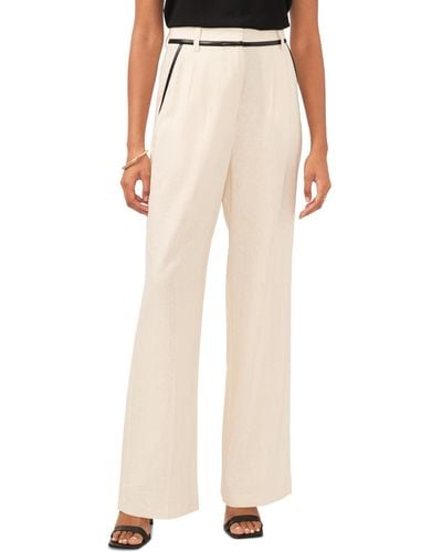 Vince Camuto Linen Blend Faux Leather Trimmed Wide Leg Pleated Pants - Natural