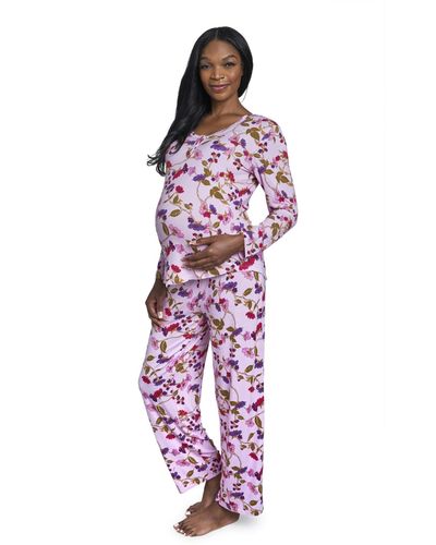 Everly Grey Maternity Laina Top & Pants /nursing Pajama Set - Red