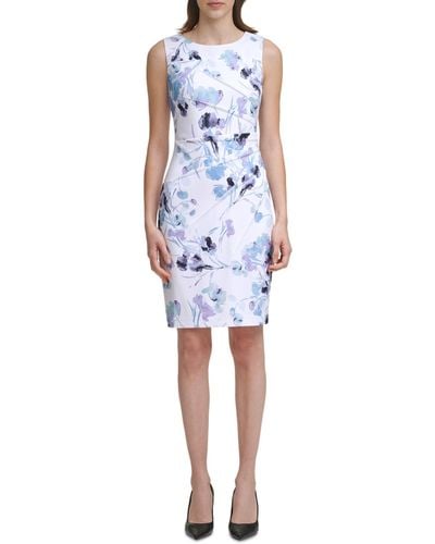 Calvin Klein Petite Floral-print Pleated Sheath Dress - Blue