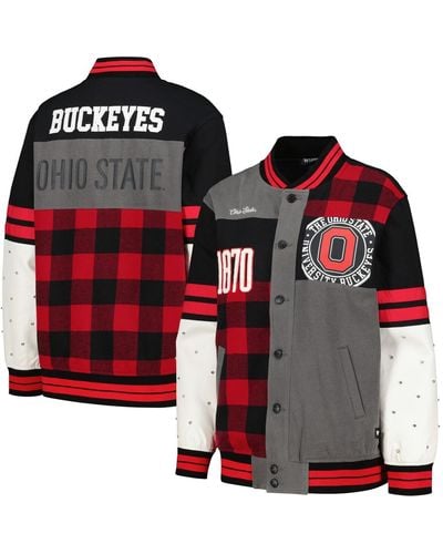 The Wild Collective Distressed Ohio State Buckeyes Multi Vintage-like Button-up Bomber Jacket - Red