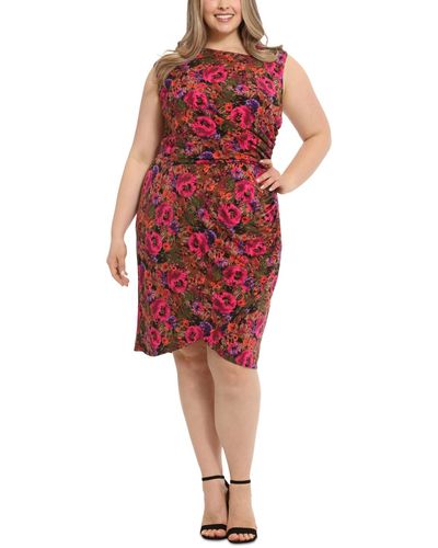 London Times Plus Size Floral-print Ruched Sheath Dress - Red