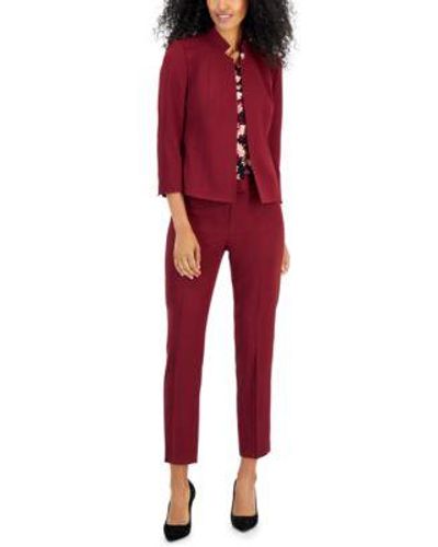 Anne Klein Open Front Blazer Printed Triple Pleated Blouse Slim Leg Ankle Pants - Red