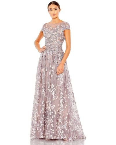 Mac Duggal Embellished Floral Cap Sleeve A Line Gown - White