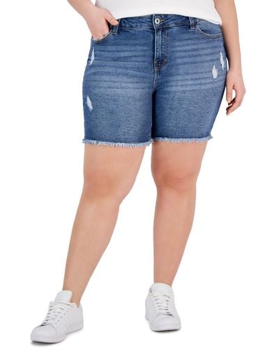 Celebrity Pink Trendy Plus Size Frayed Bermuda Denim Shorts - Blue