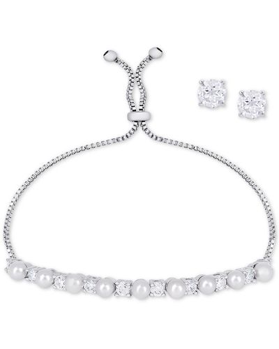Macy's Imitation Pearl Slider Bracelet & Cubic Zirconia Stud Earrings Set In Silver-plate - Natural