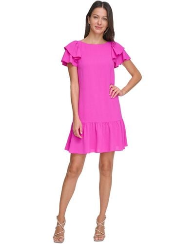 DKNY Petite Flutter-sleeve Ruffle-hem Dress - Pink