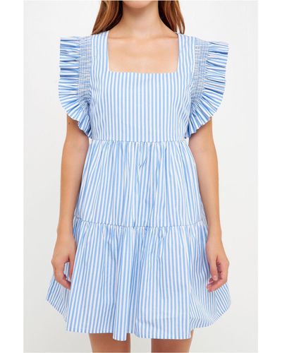 English Factory Stripe Square Neckline Mini Dress - Blue