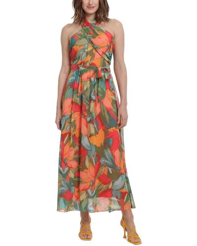 London Times Floral-print Wrap-neck Tie-front Halter Maxi Dress - Red