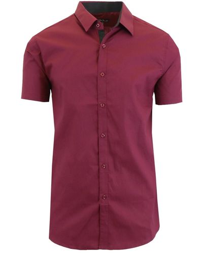 Galaxy By Harvic Slim-fit Short Sleeve Solid Dress Shirts - Red