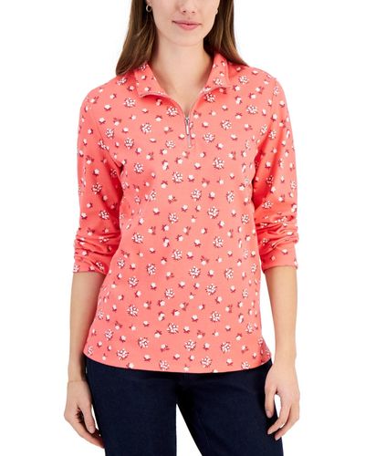 Karen Scott Diana Daisy Printed Quarter-zip Top - Red