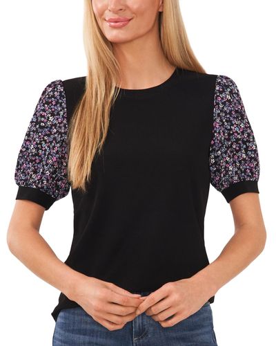 Cece Mixed-media Floral-print Puff-sleeve Tee - Black