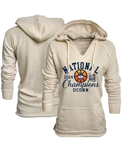 Blue 84 Uconn Huskies 2024 Ncaa Basketball National Champions Striped French Terry V-neck Pullover Hoodie - Gray