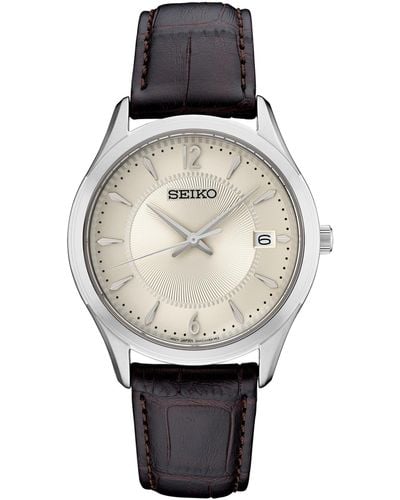 Seiko Essential Brown Leather Strap Watch 30mm - Black