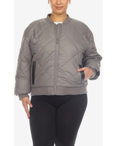 White Mark Plus Size Diamond Quilted Puffer Bomber Jacket - Gray