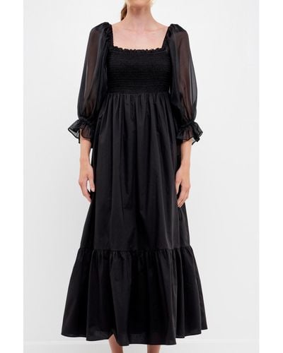 English Factory Poplin Organza Midi Dress - Black