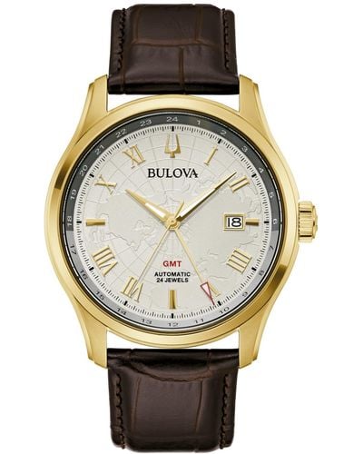 Bulova Automatic Wilton Gmt Leather Strap Watch 43mm - Metallic